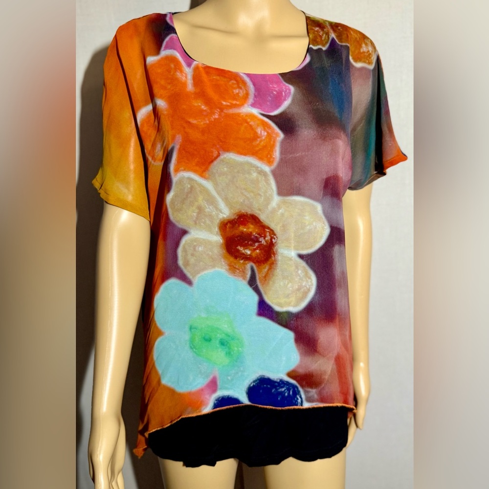 Violet Ruby sheer colorful, floral layer over black blouse. Sz.M